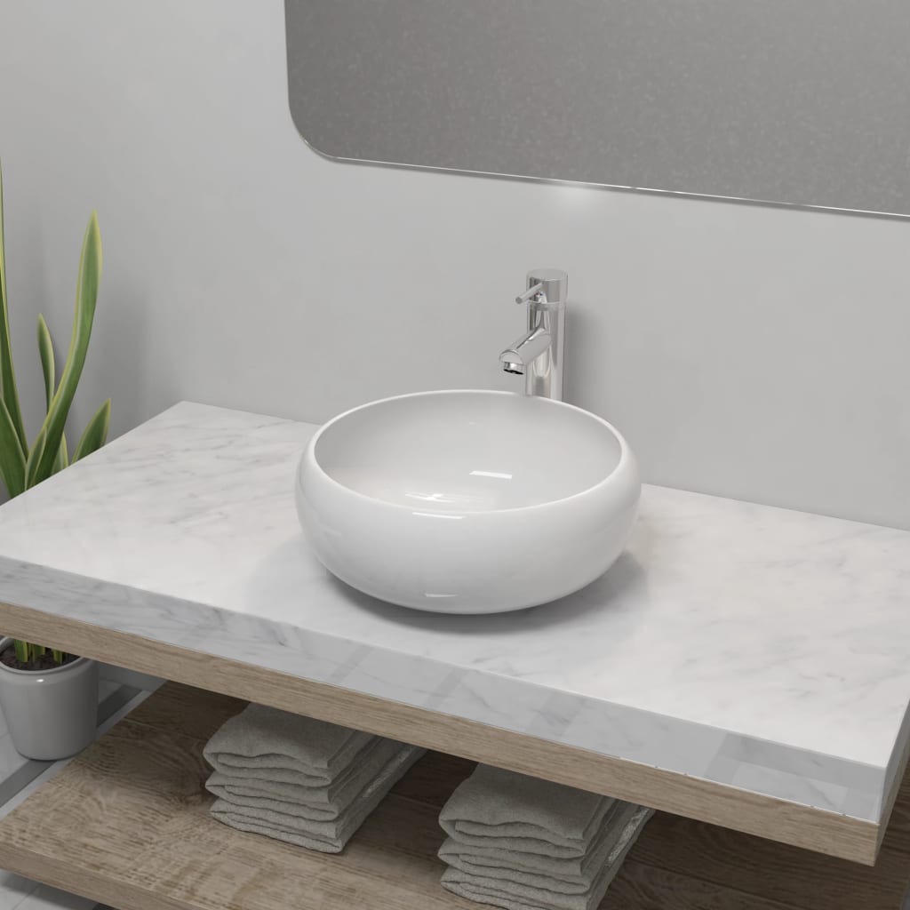 Lavabo de baño con grifo mezclador cerámica ovalado blanco