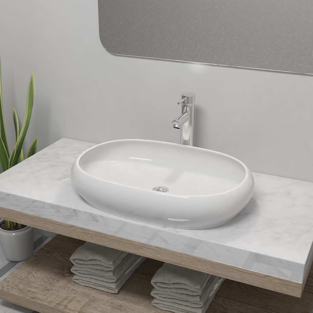Lavabo de baño con grifo mezclador cerámica ovalado blanco