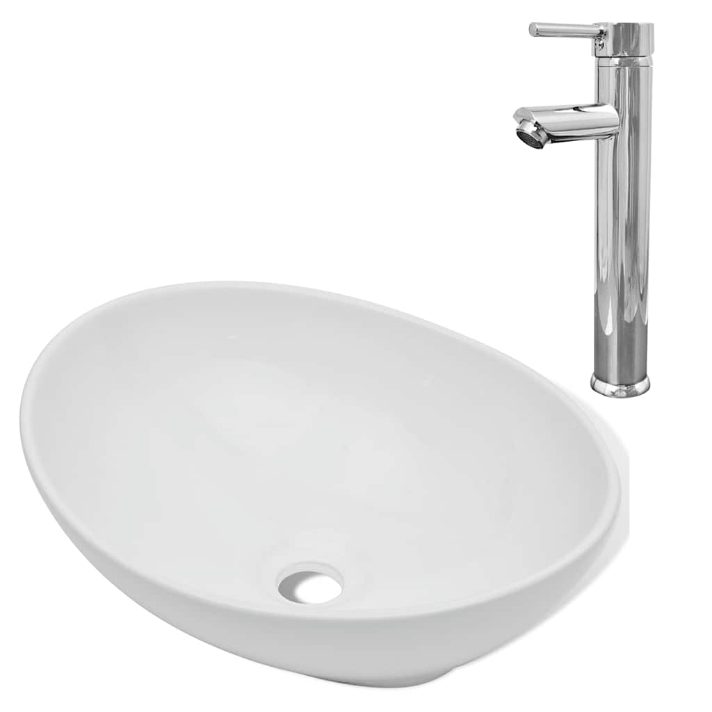 Lavabo de baño con grifo mezclador cerámica ovalado blanco