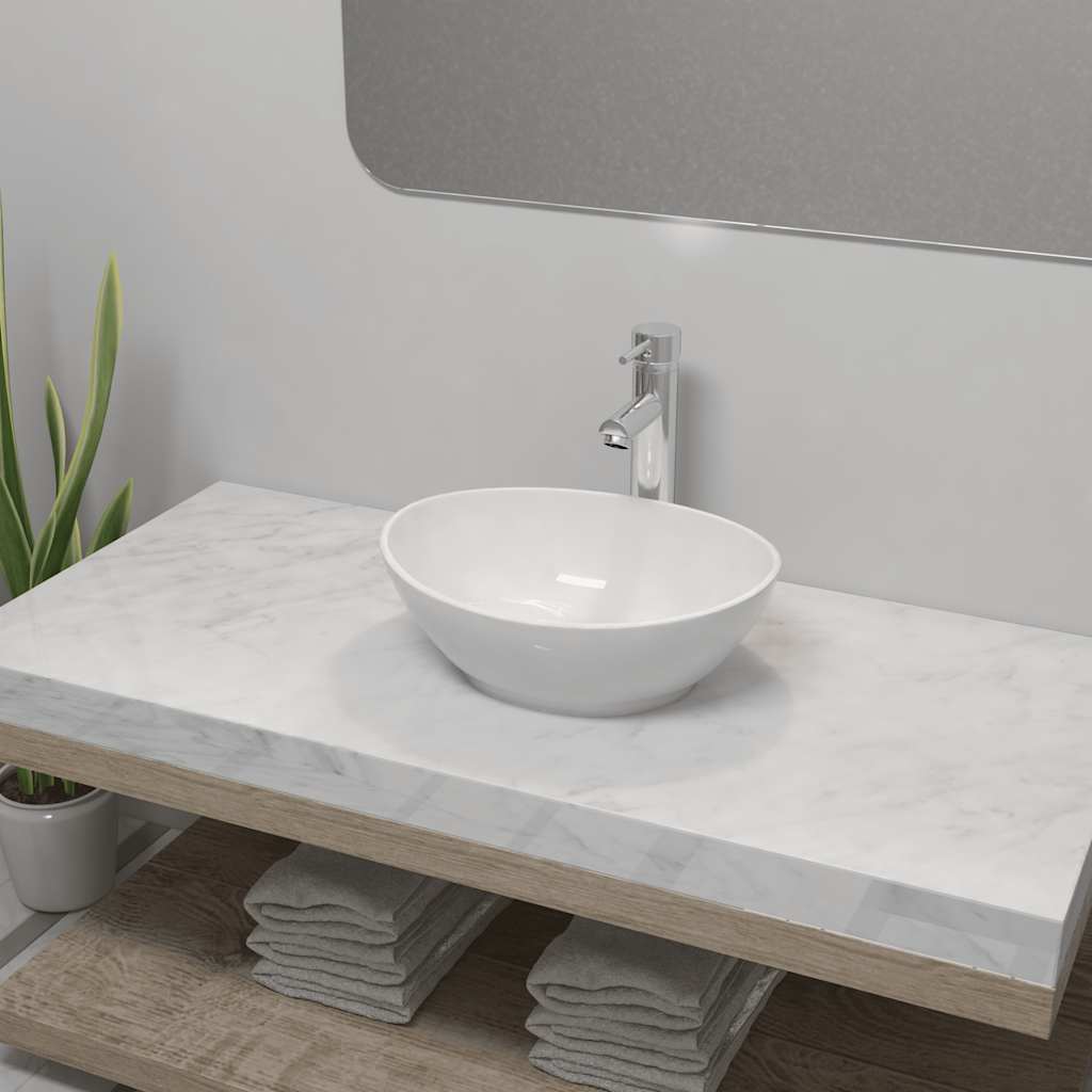 Lavabo de baño con grifo mezclador cerámica ovalado blanco