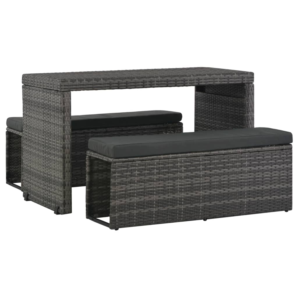 Set de comedor de jardín 3 pzs y cojines ratán sintético gris