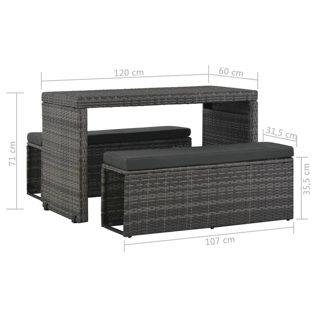 Set de comedor de jardín 3 pzs y cojines ratán sintético gris
