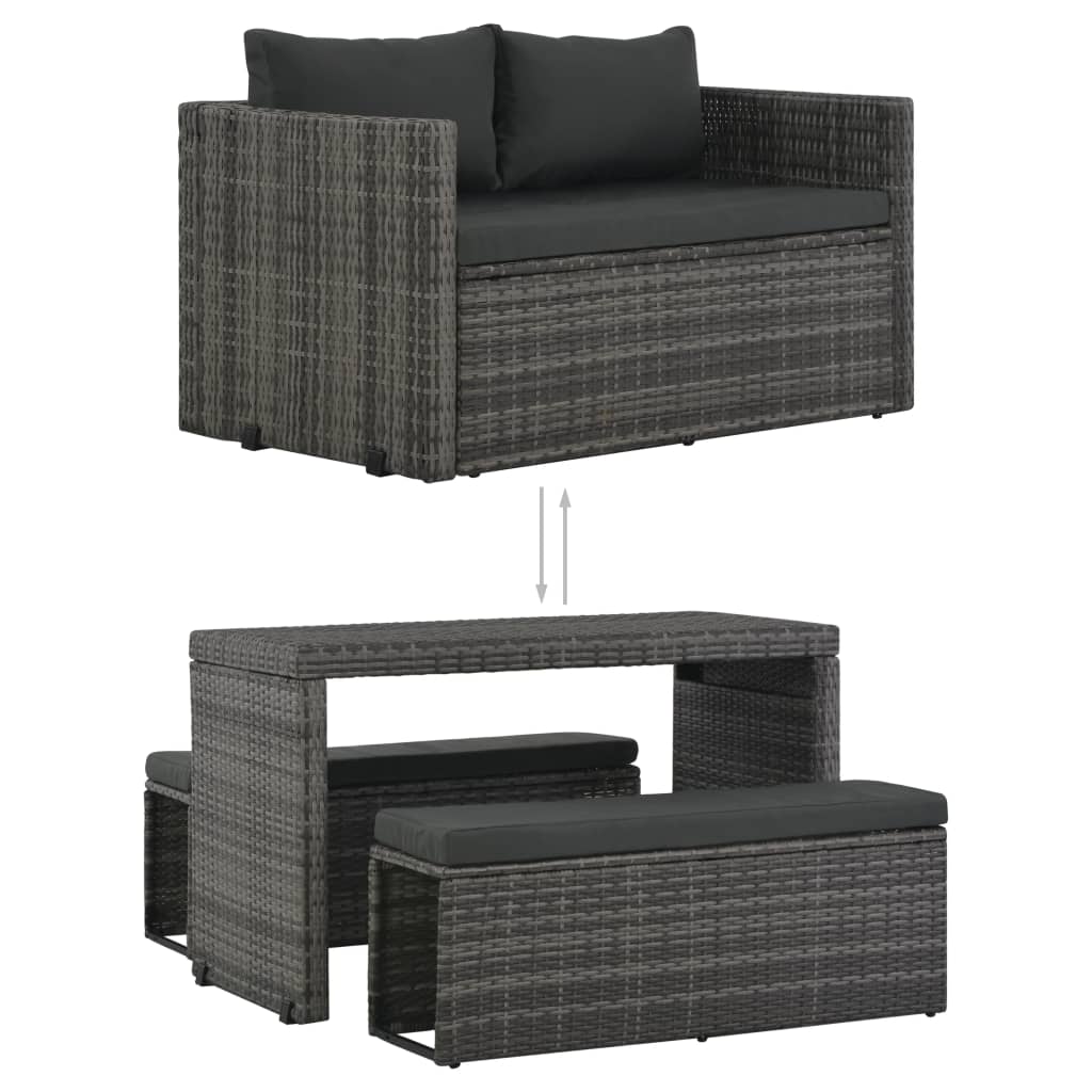 Set de comedor de jardín 3 pzs y cojines ratán sintético gris