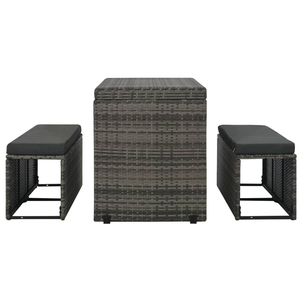 Set de comedor de jardín 3 pzs y cojines ratán sintético gris