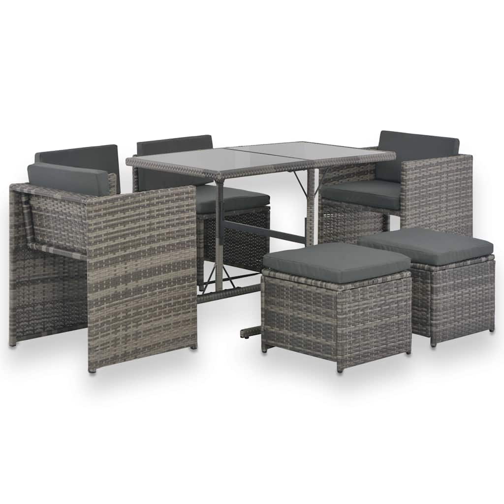 Set de comedor de jardín 7 pzas y cojines ratán sintético gris
