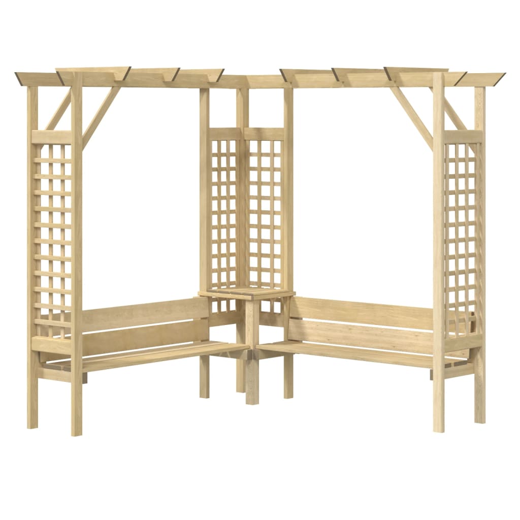 Pérgola de esquina con banco madera de pino impregnada