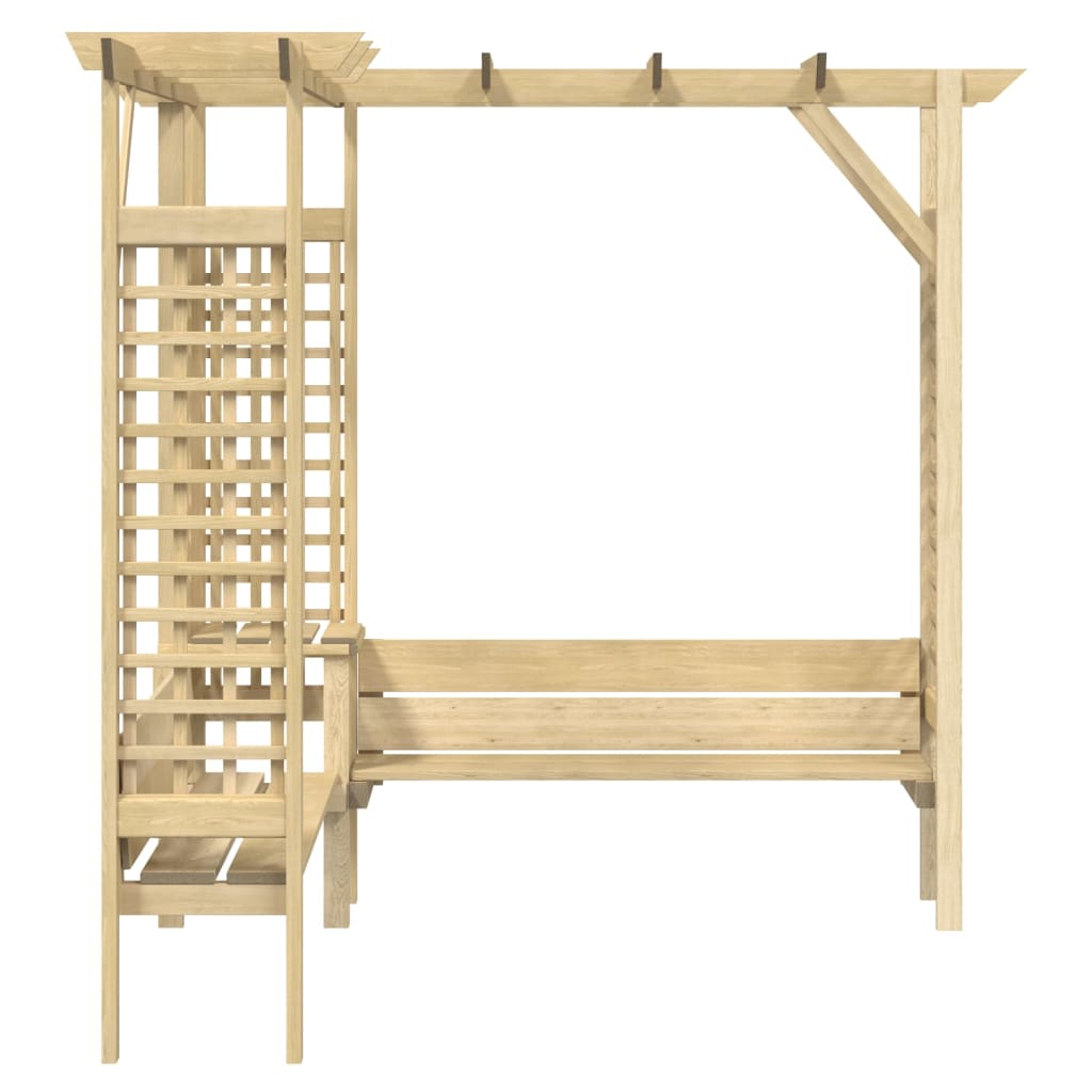 Pérgola de esquina con banco madera de pino impregnada
