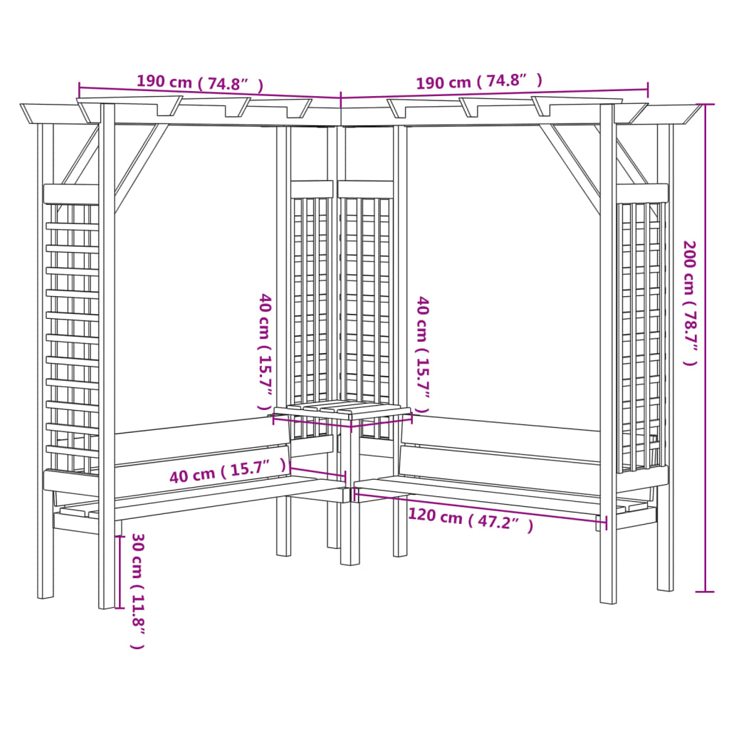 Pérgola de esquina con banco madera de pino impregnada