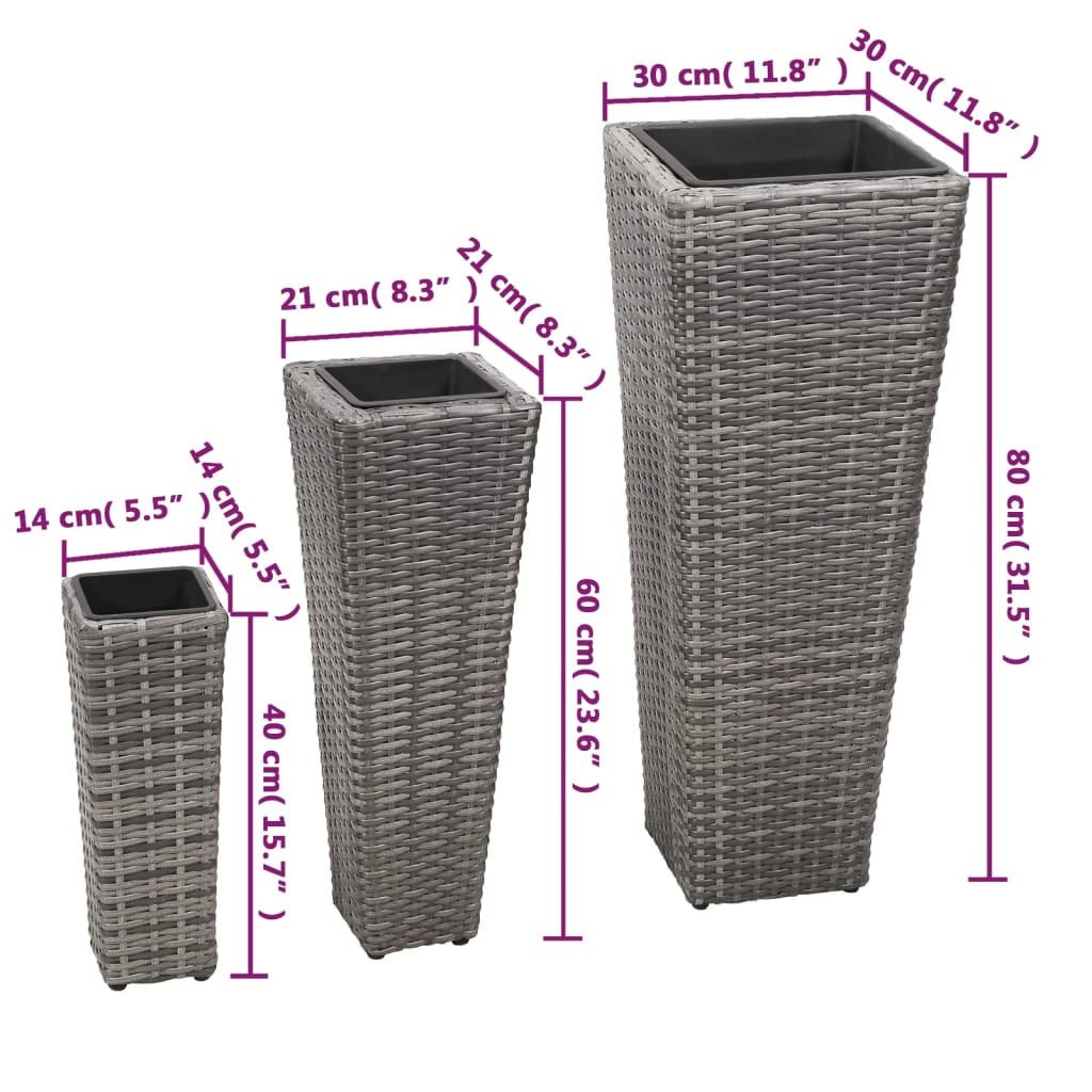 Conjunto de arriates 3 piezas ratán sintético gris