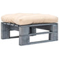 Grey wooden pallet ottoman for garden and sand-colored cushion
