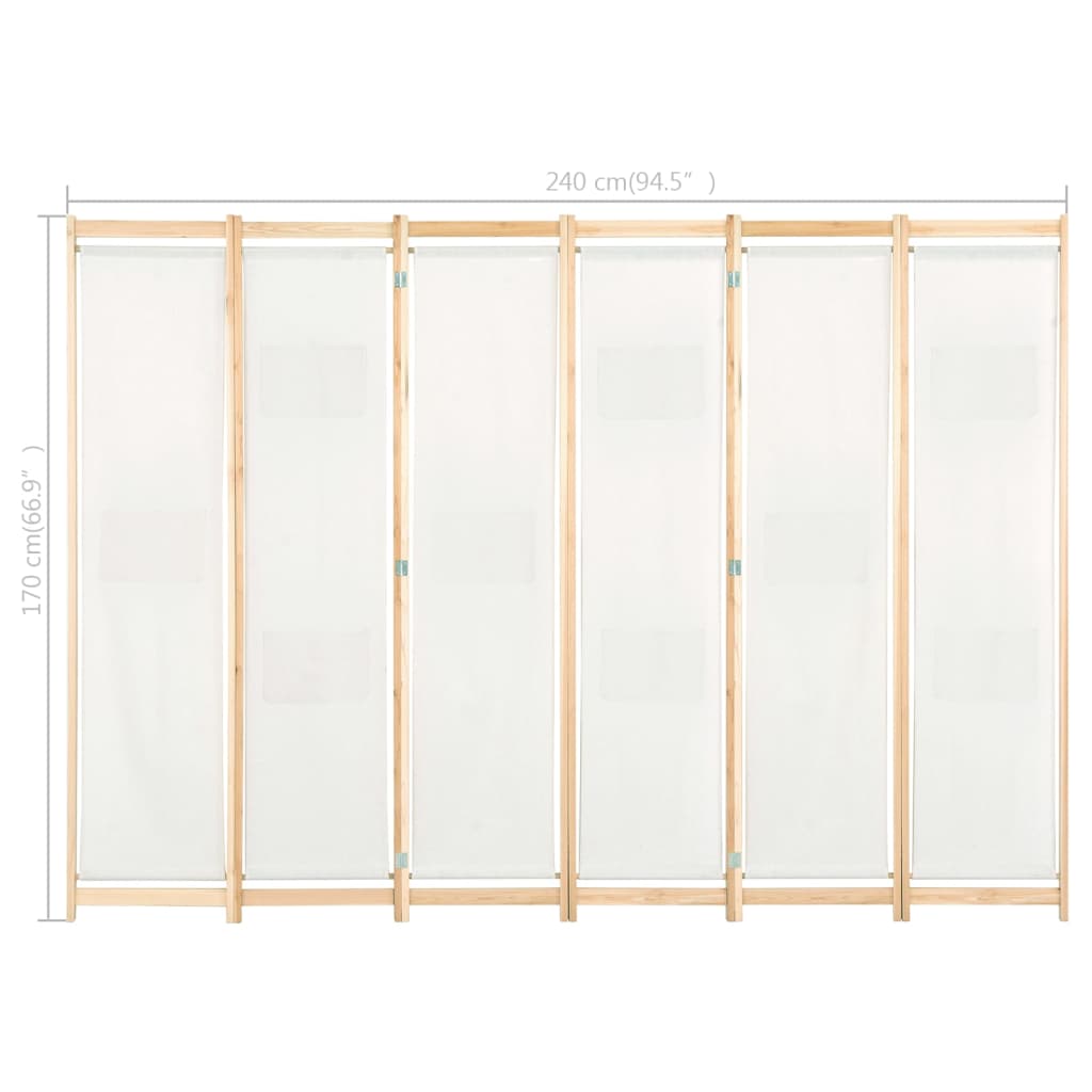 Biombo divisor de 6 paneles de tela color crema 240x170x4 cm