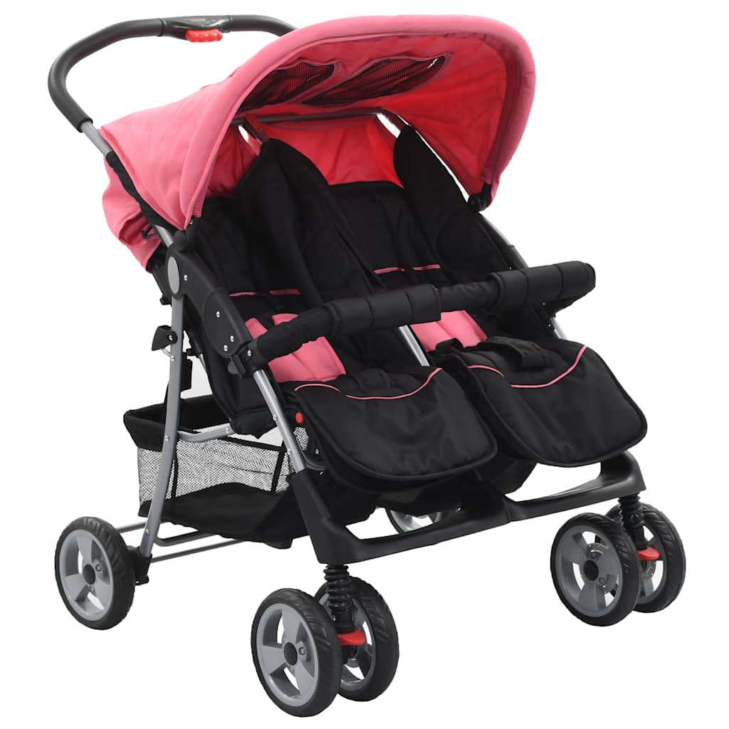 Blue and black steel twin stroller