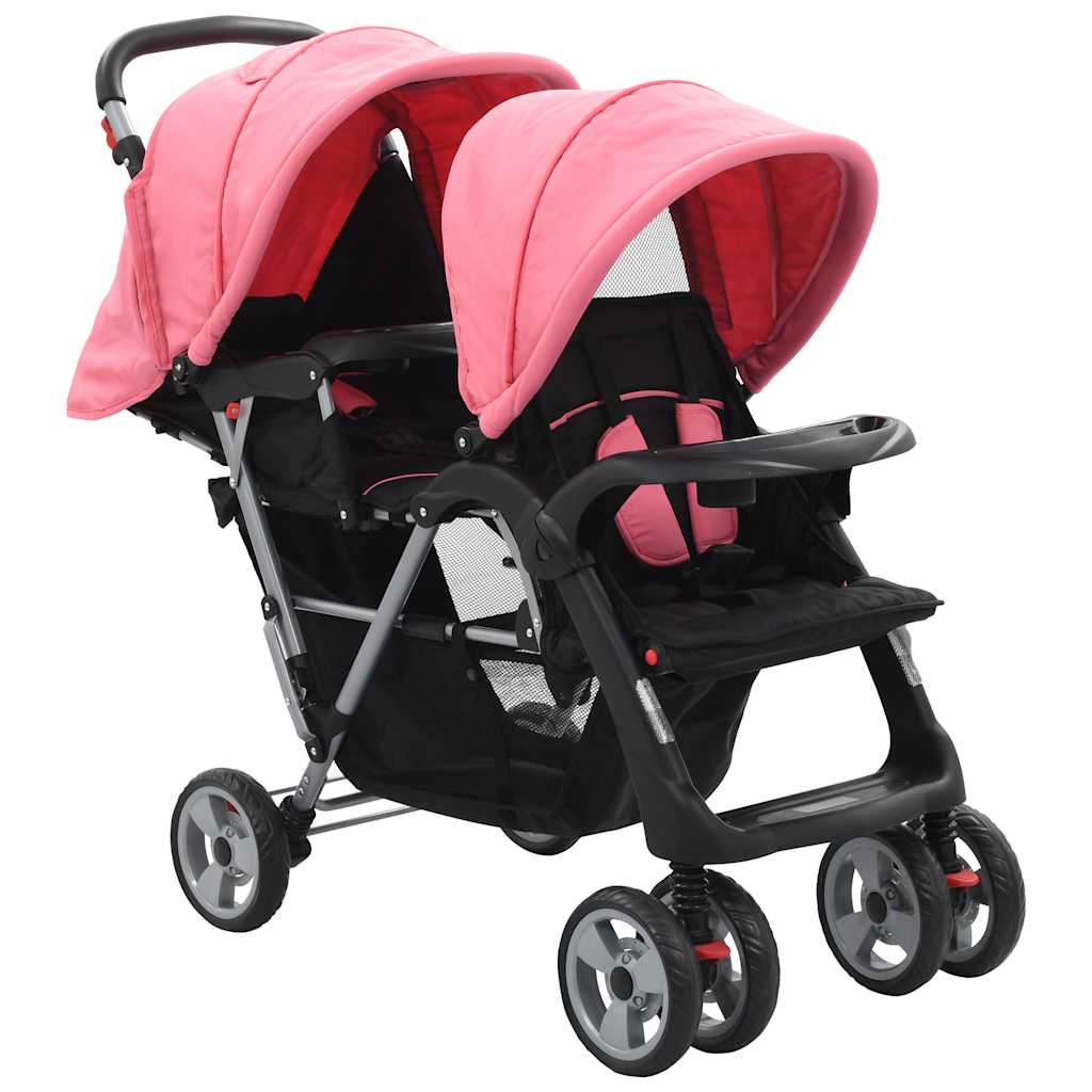 Carrinho de passeio para 2 crianças em tandem de aço azul e preto