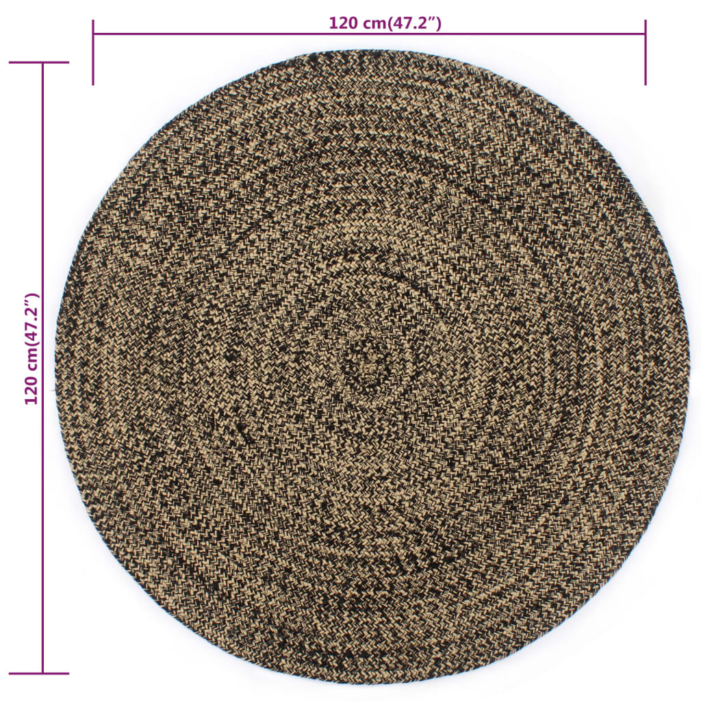 Alfombra hecha a mano de yute negra y natural 120 cm