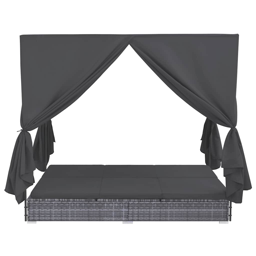Tumbona cama con cortinas de ratán sintético gris