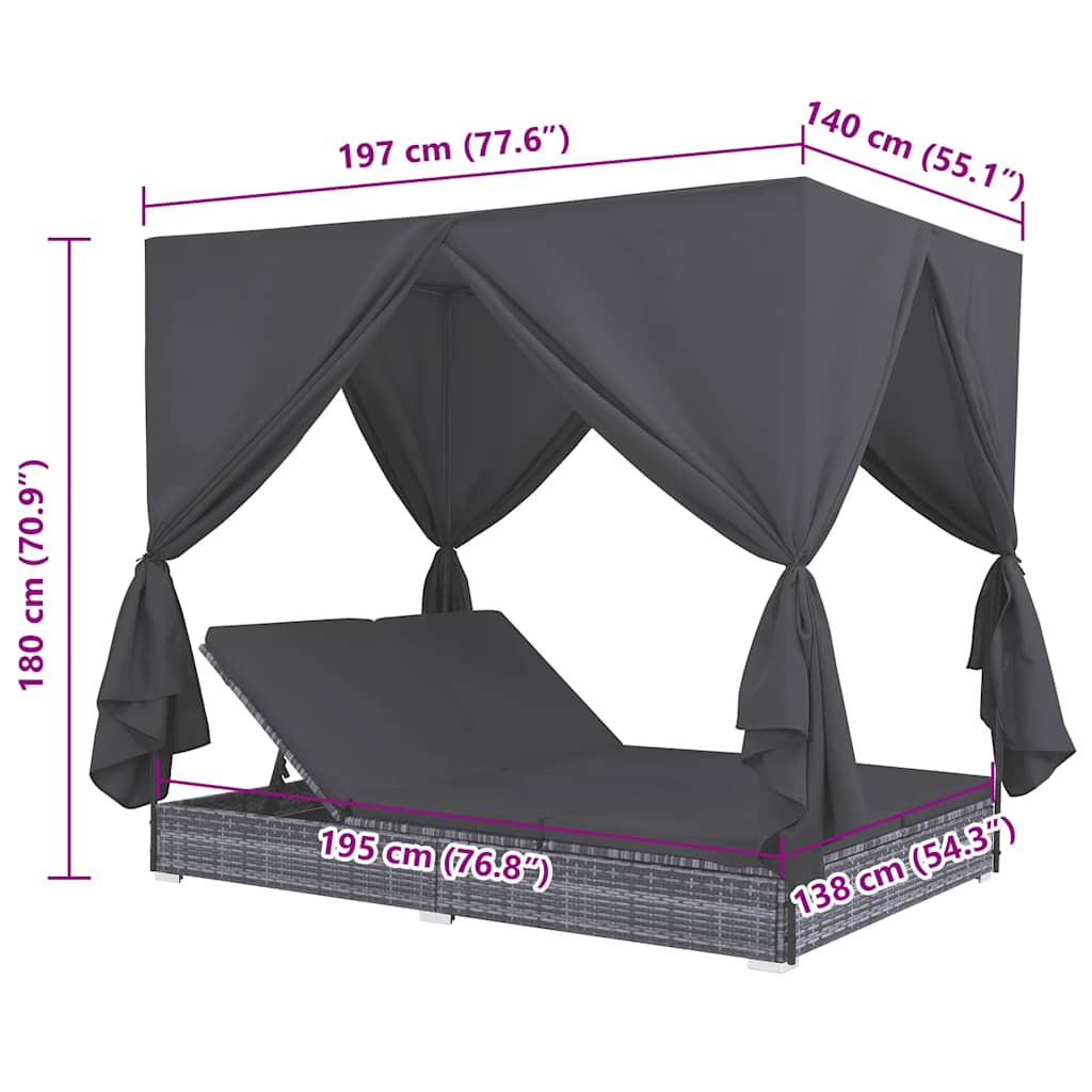 Tumbona cama con cortinas de ratán sintético gris
