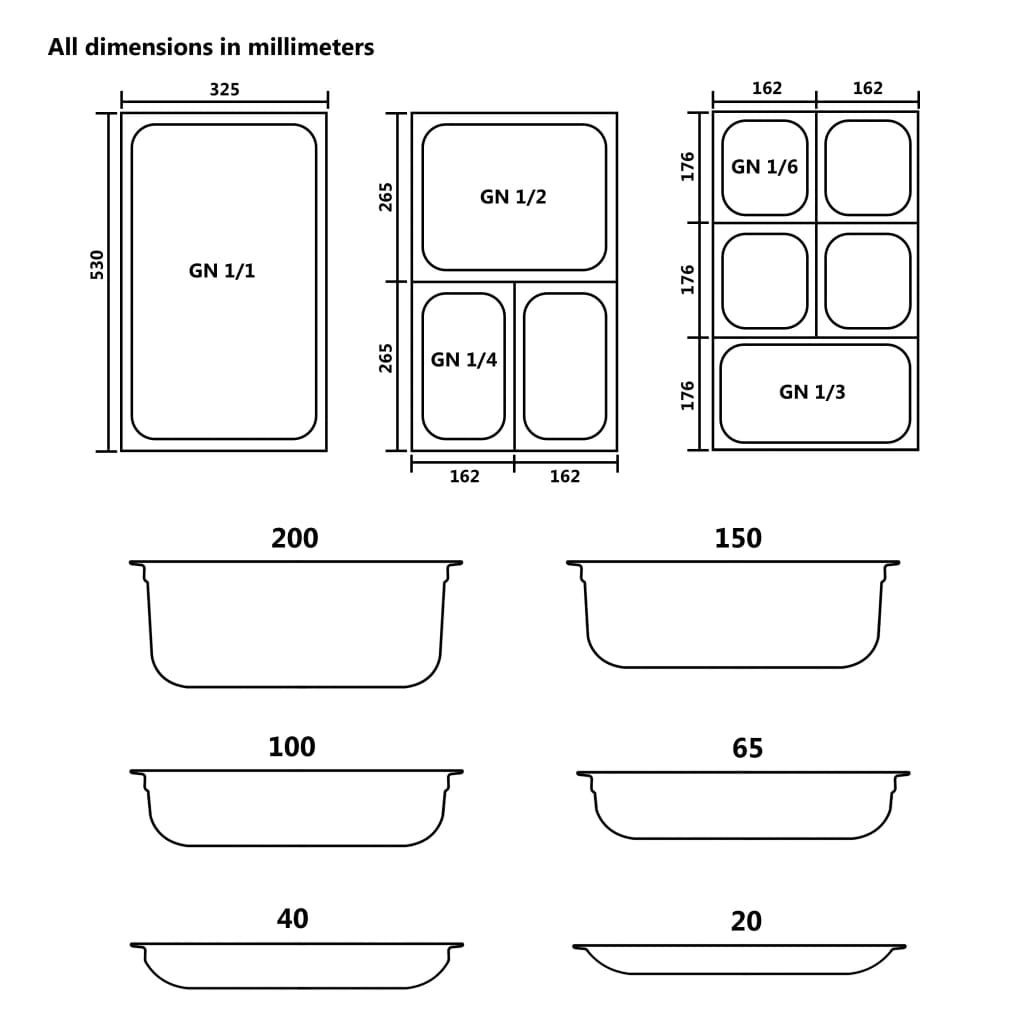 Bandejas Gastronorm 12 unidades GN 1/3 20 mm acero inoxidable