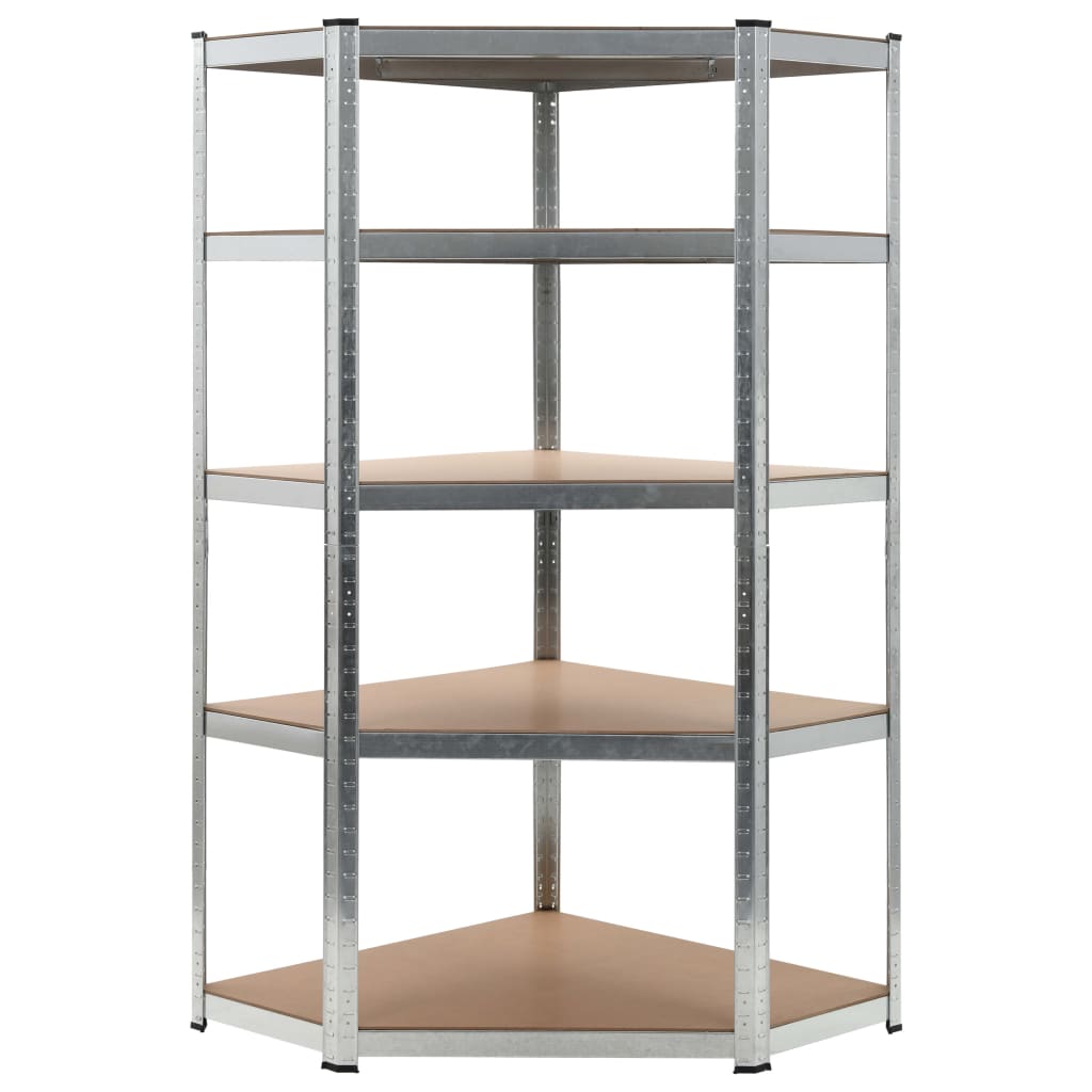 4-tier corner shelving unit in anthracite grey wood and steel