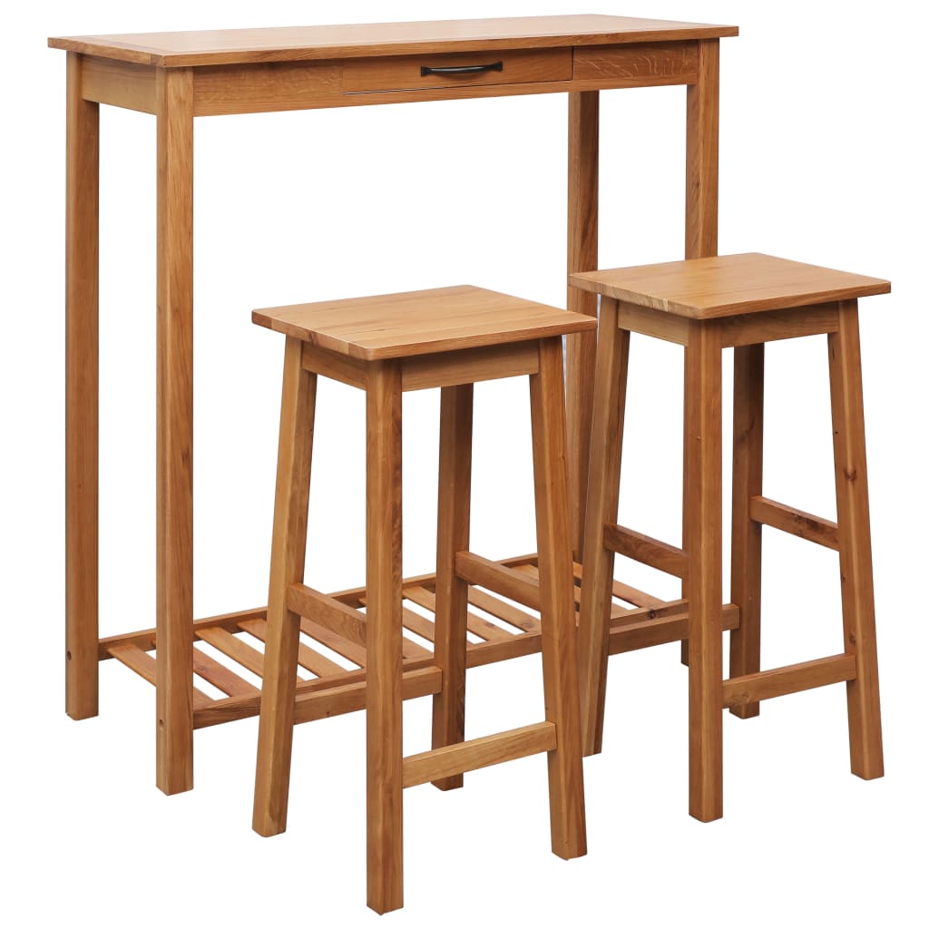 Set de mesa y sillas de bar 3 piezas madera maciza de roble