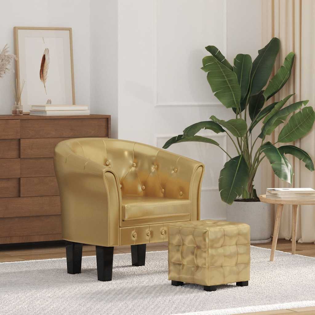 Sillón con diseño de cubo y reposapiés cuero sintético marrón