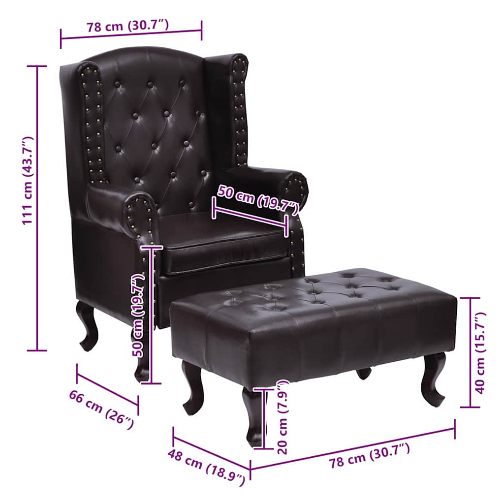 Sillón con reposapiés cuero sintético marrón oscuro