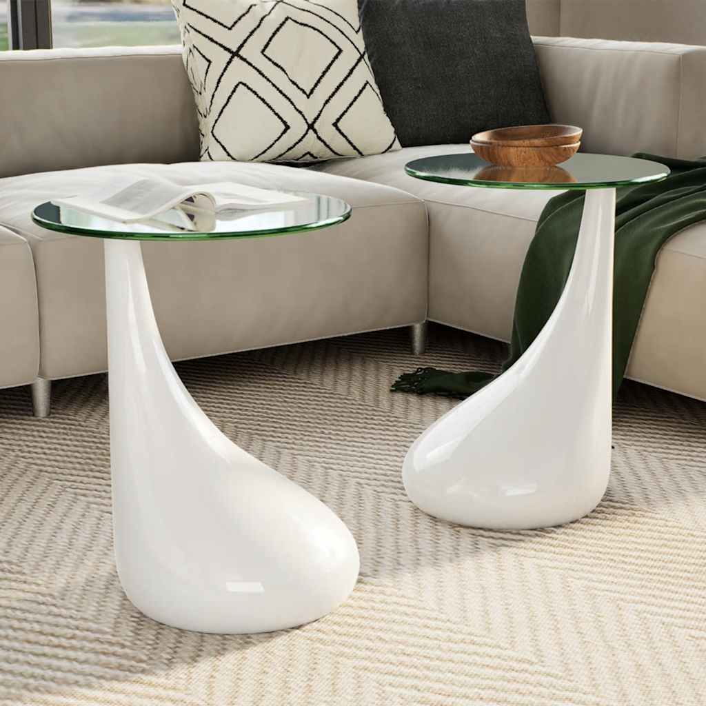 Mesa de centro superficie redonda vidrio 2 uds blanco brillante