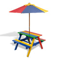 Mesa de picnic y bancos de niños y sombrilla madera multicolor