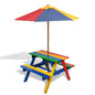 Mesa de picnic y bancos de niños y sombrilla madera multicolor