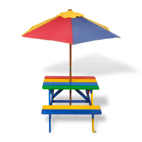 Mesa de picnic y bancos de niños y sombrilla madera multicolor
