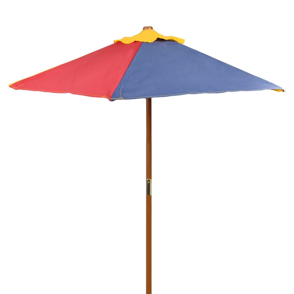 Mesa de picnic y bancos de niños y sombrilla madera multicolor
