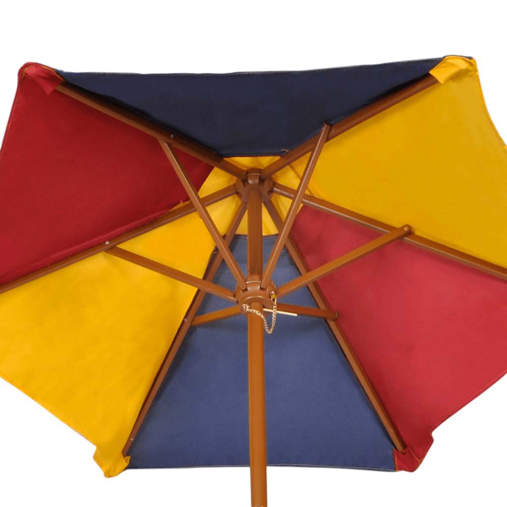 Mesa de picnic y bancos de niños y sombrilla madera multicolor