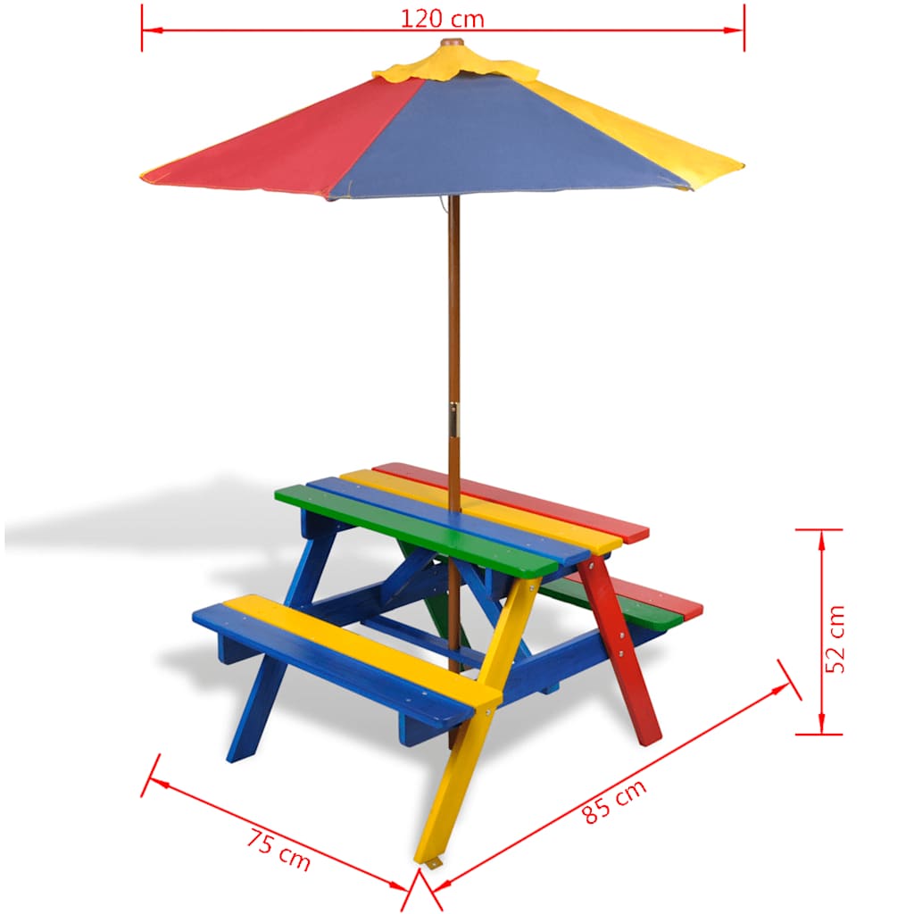 Mesa de picnic y bancos de niños y sombrilla madera multicolor