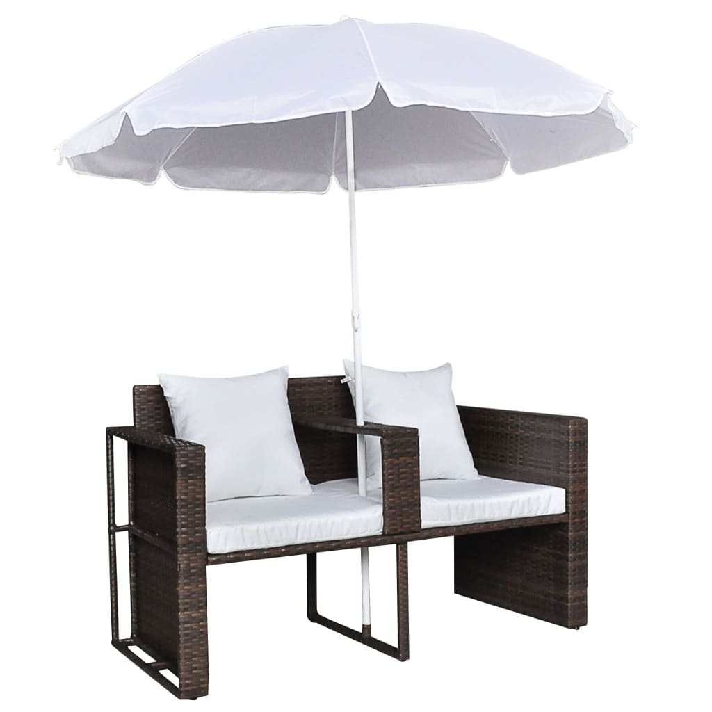 Cama de jardín con sombrilla ratán sintético marrón