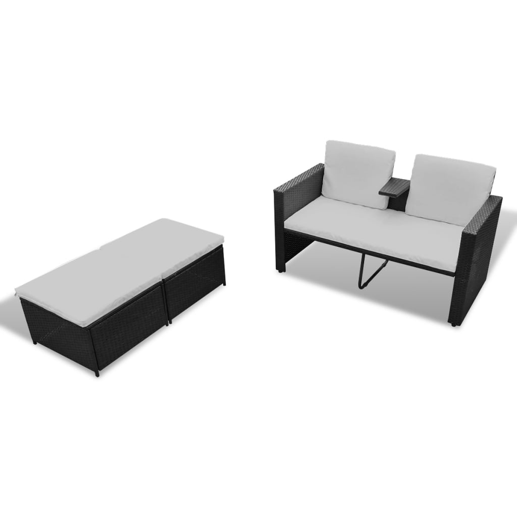Set muebles de jardín 4 piezas y cojines ratán sintético negro