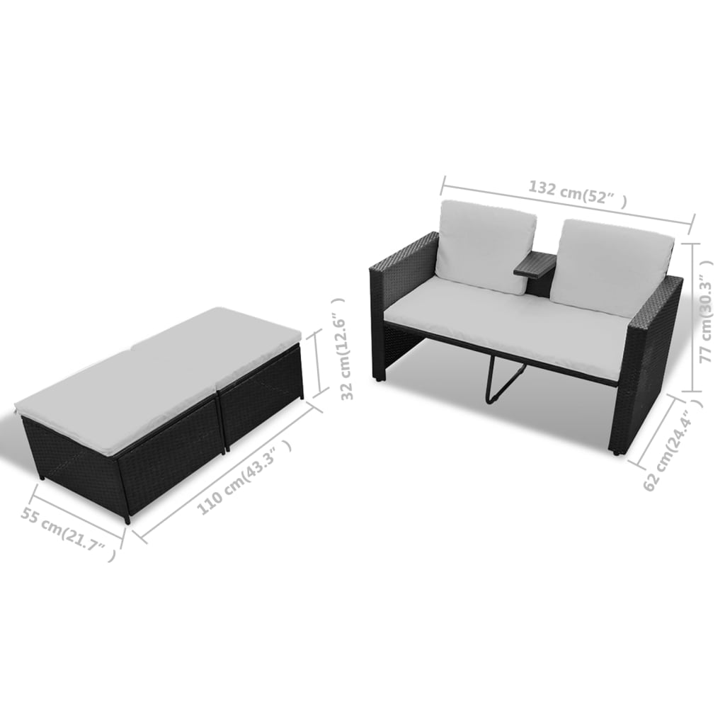 Set muebles de jardín 4 piezas y cojines ratán sintético negro