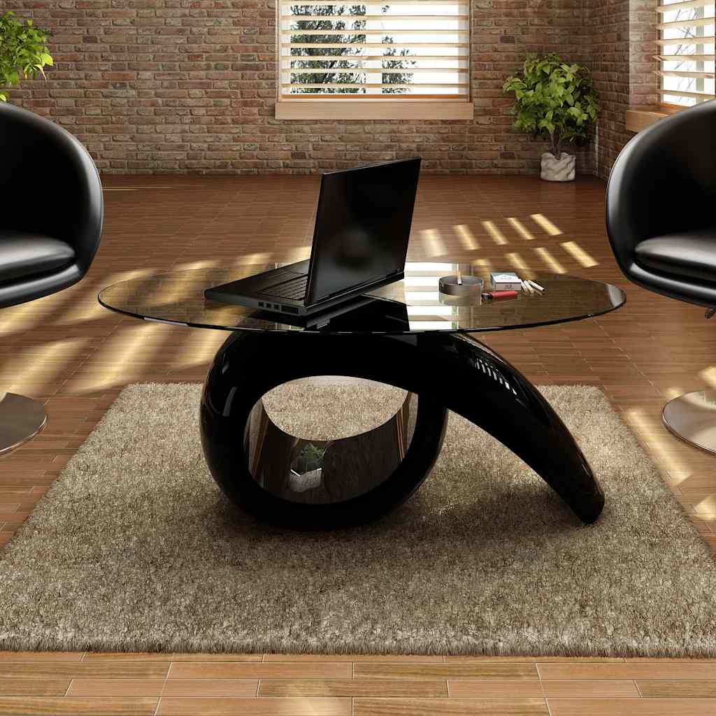 Mesa de centro superficie ovalada de vidrio negro brillante