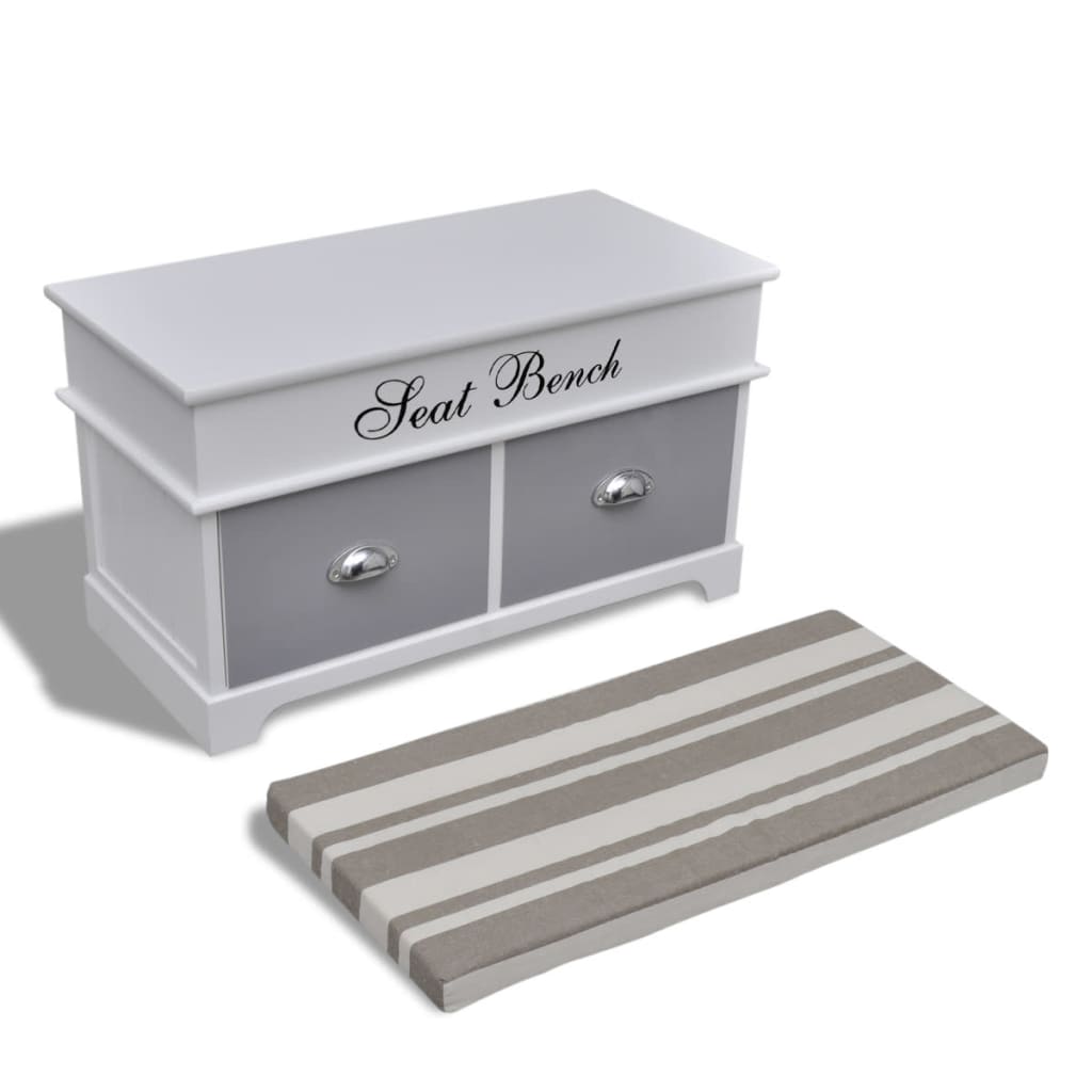 Banco baúl de madera y cojin gris, con cajones
