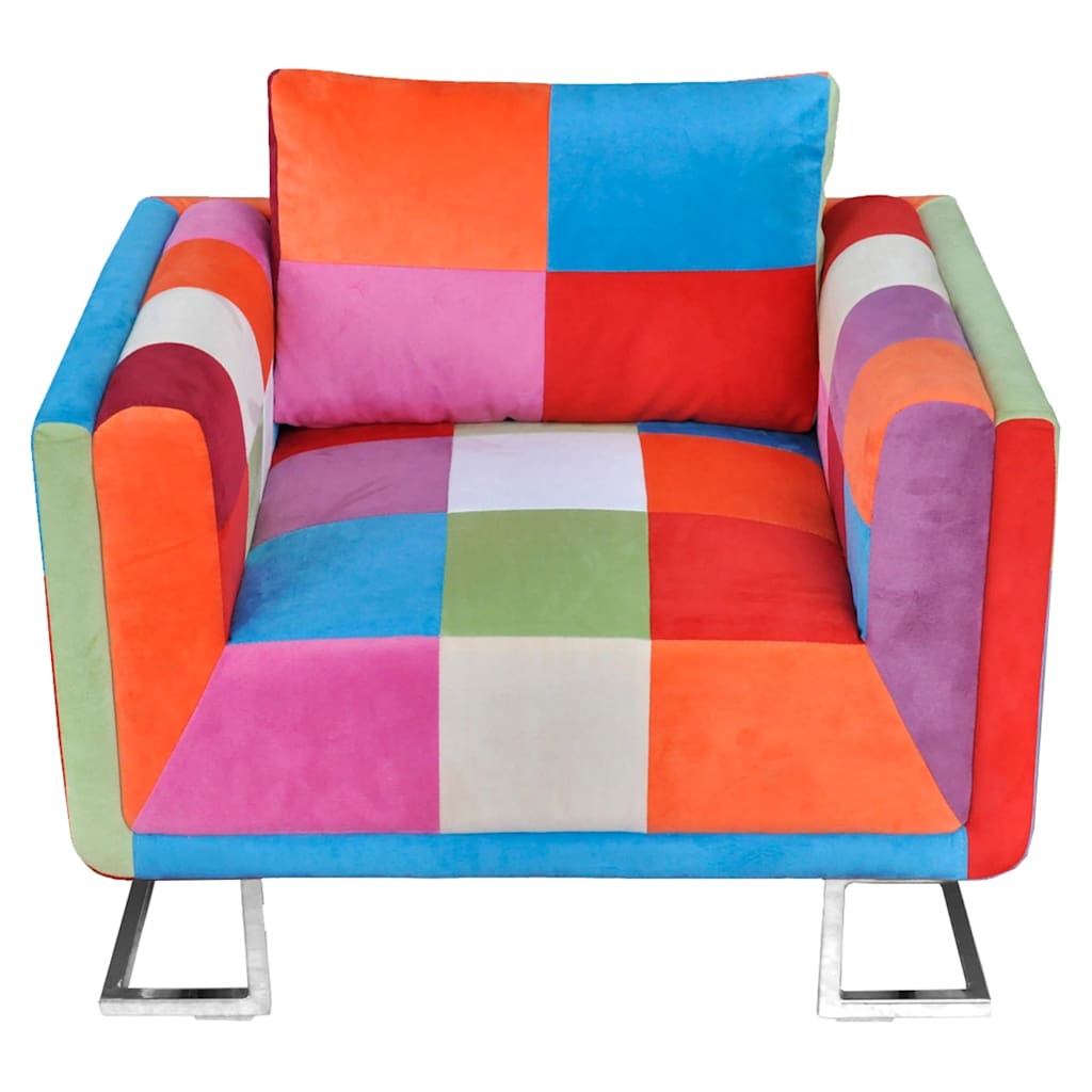Sillón cubo con diseño de retales tela Patchwork patas cromadas