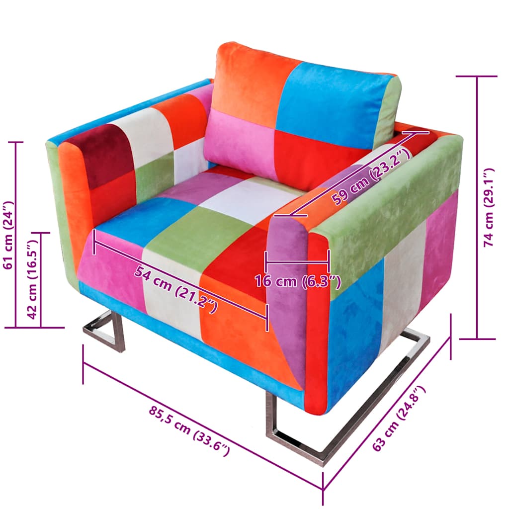 Sillón cubo con diseño de retales tela Patchwork patas cromadas