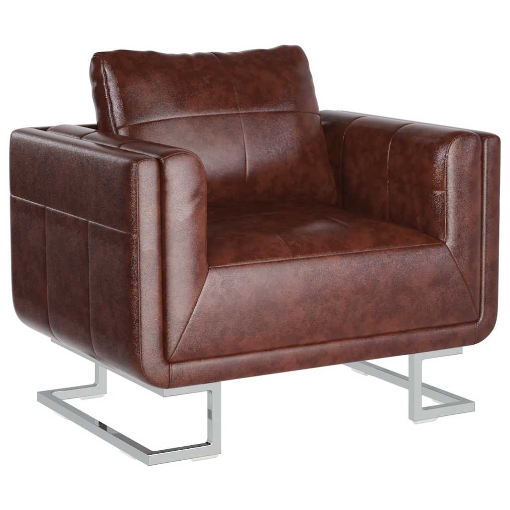 Sillón cubo con patas cromadas y cuero artificial marrón