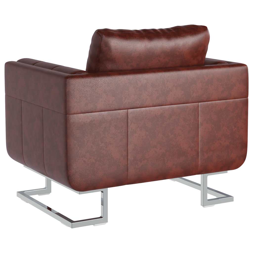 Sillón cubo con patas cromadas y cuero artificial marrón