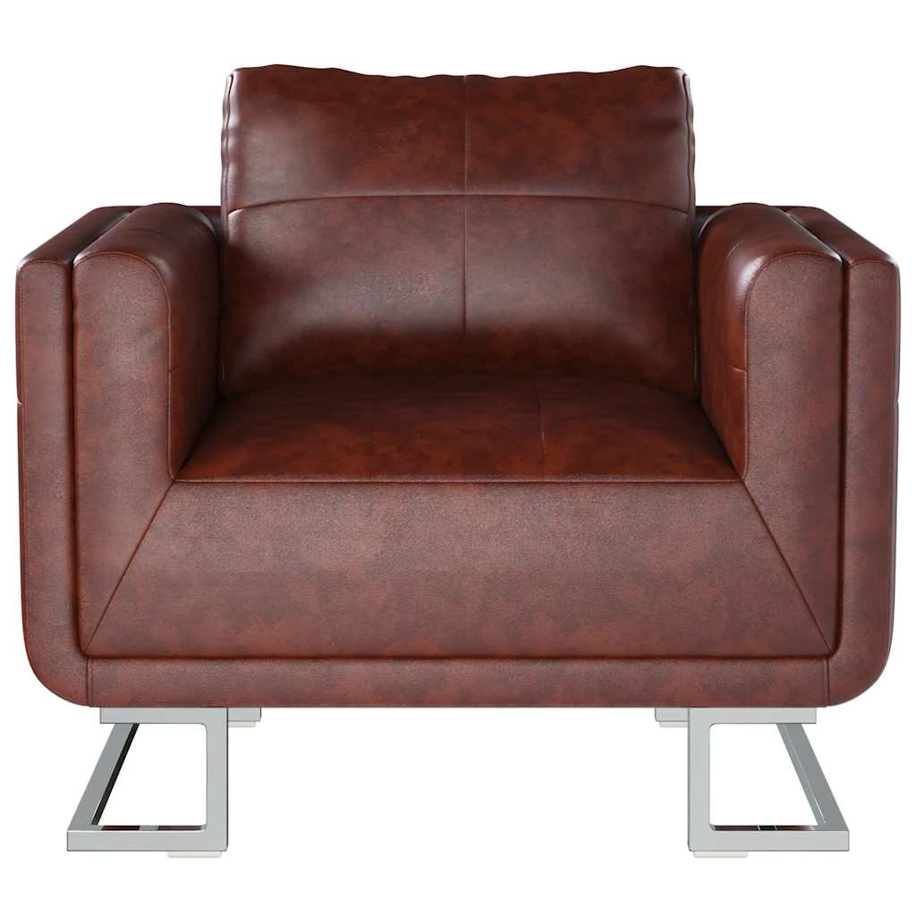 Sillón cubo con patas cromadas y cuero artificial marrón