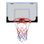 Aro de baloncesto con red y tablero, pelota y pompa, naranja