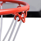 Aro de baloncesto con red y tablero, pelota y pompa, naranja