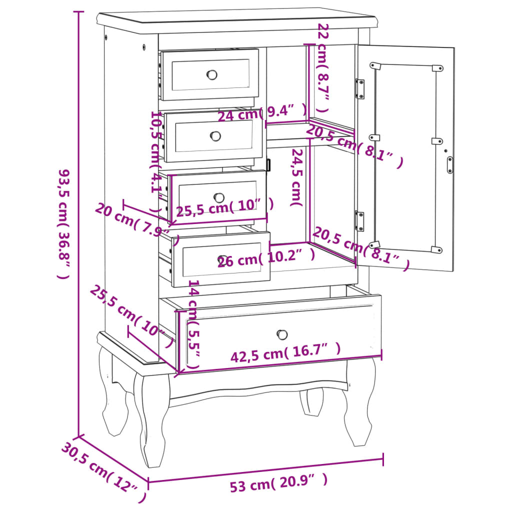 Mueble de 5 cajones y 2 estantes blanco