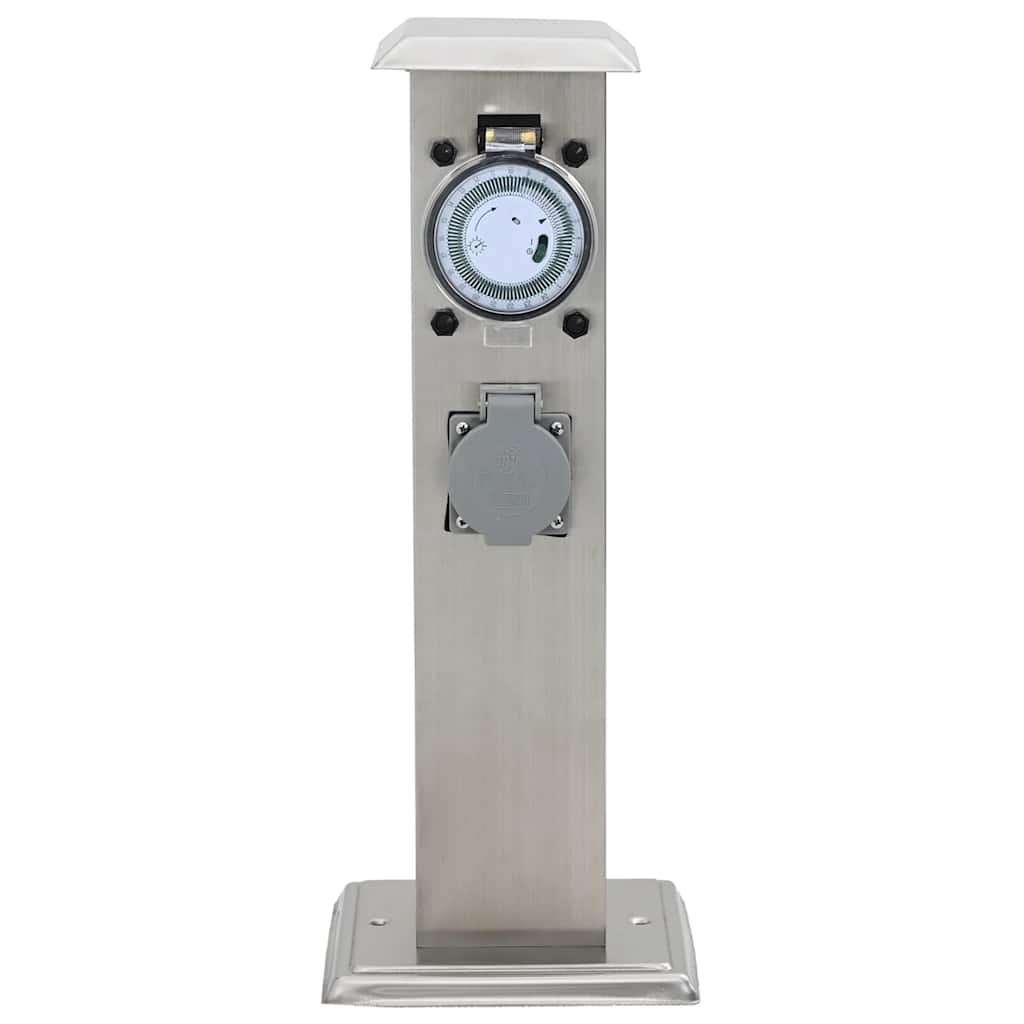 Columna de acero inoxidable con enchufe y temporizador para el jardín