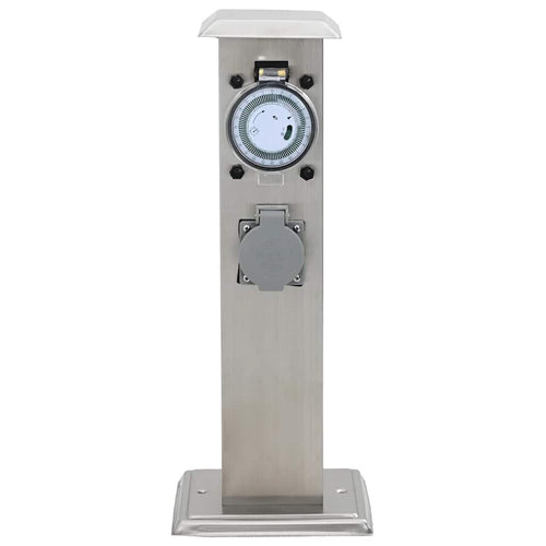 Columna de acero inoxidable con enchufe y temporizador para el jardín