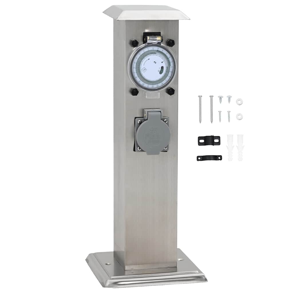 Columna de acero inoxidable con enchufe y temporizador para el jardín