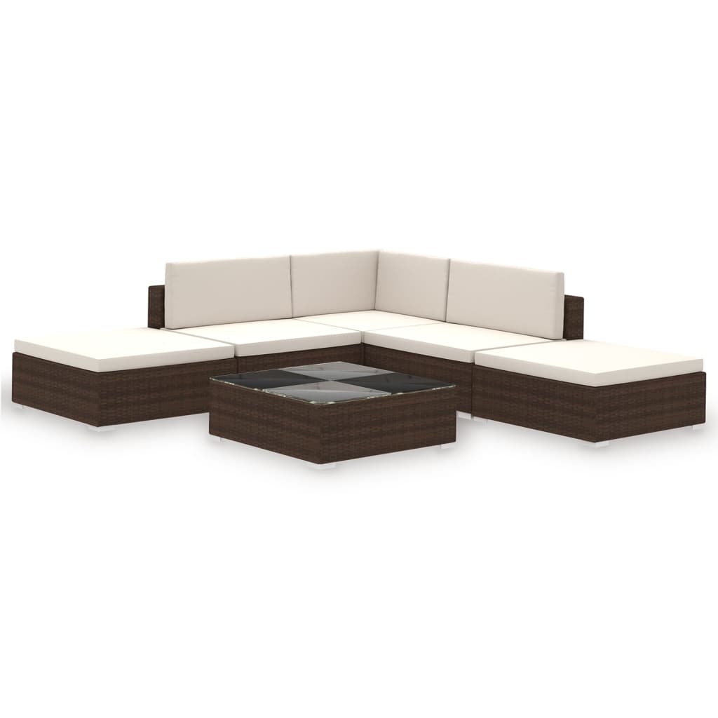 Set muebles de jardín 6 piezas y cojines ratán sintético marrón