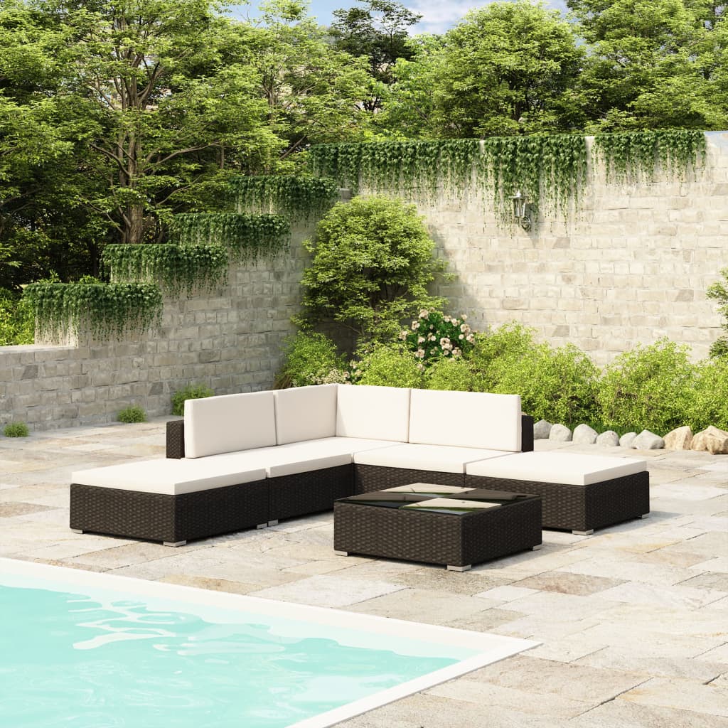 Set muebles de jardín 6 piezas y cojines ratán sintético marrón
